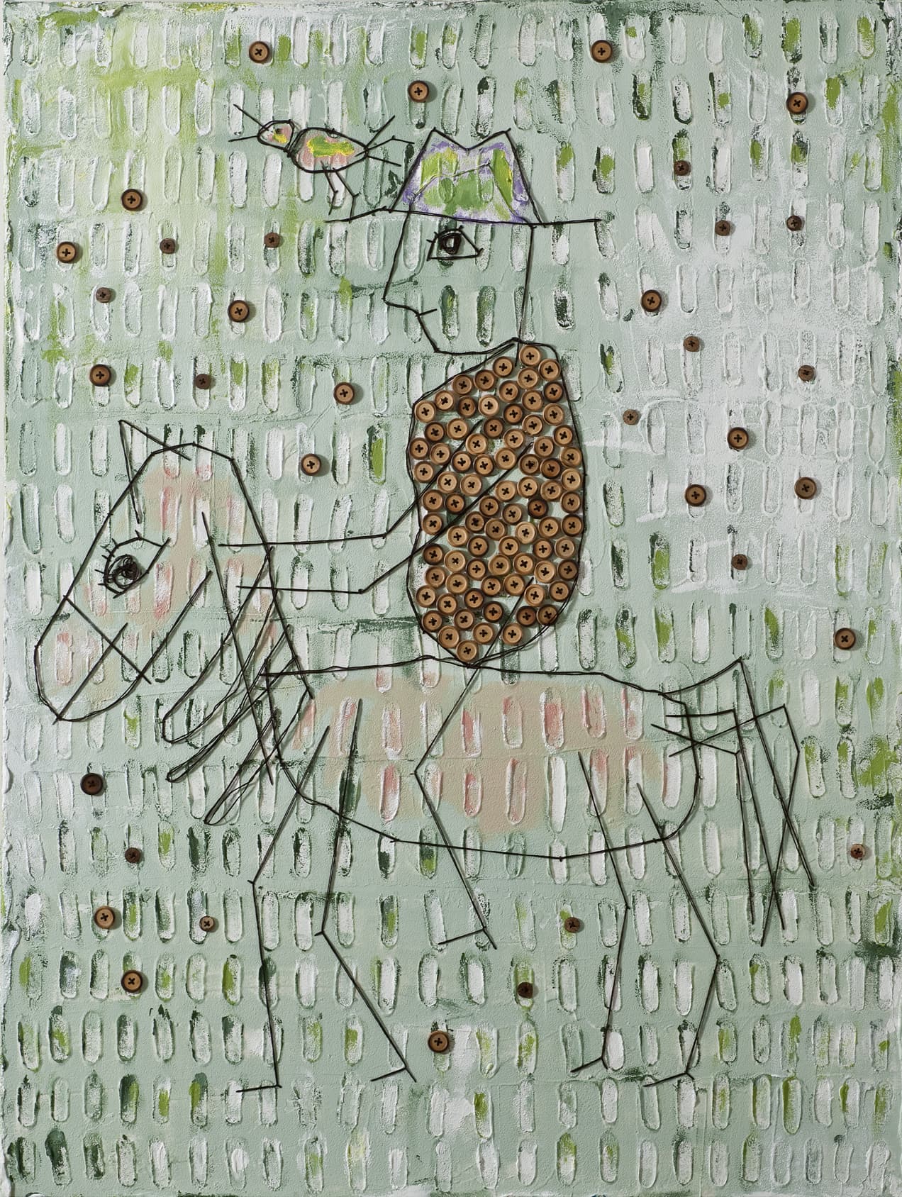 Rider in green - by Dalit Shahar - Acrylic, needlework and buttons on canvas - 90 x 120 cm. Price - 12,000 NIS Rider in green - Image 1