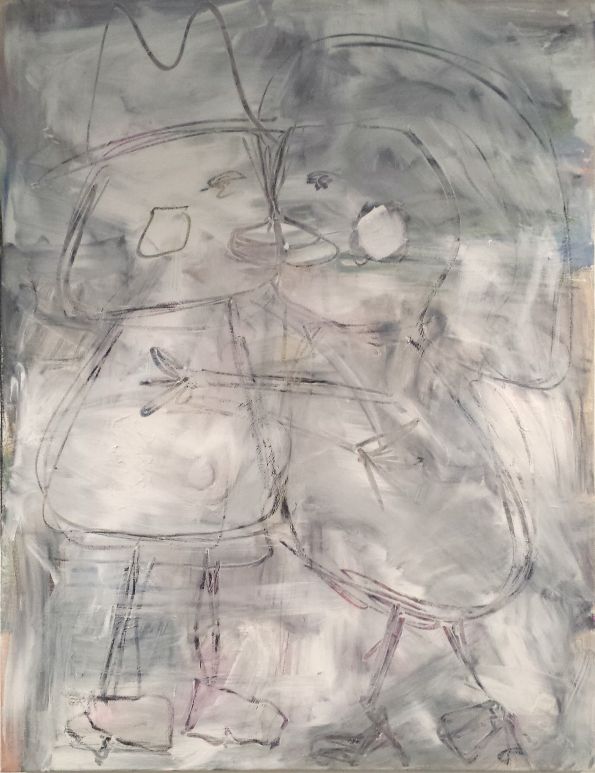 Variation of hug in soft grey - by Dalit Shahar - Acrylic, carbon and graphite on canvas - 90 x 70 cm. Price - 10,000 NIS Variation of hug in soft grey - Image 1